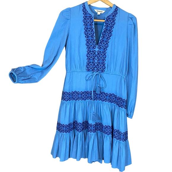 Boden Blue Embroidered 100% Cotton Boho Peasant Dress Women’s 4 Long Sleeve - Picture 1 of 8
